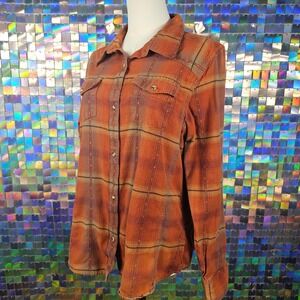 Bit & Bridle Western Plaid Snap Front Shirt Womens XL Orange Brown Cotton Dobby